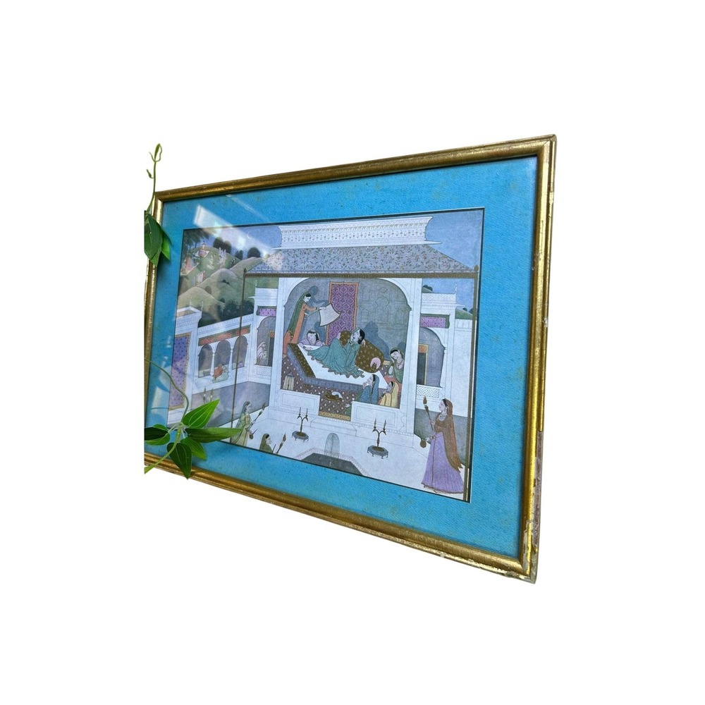 Vintage Framed Indian Pahari Mahabharata Print Palace Scene‎ Wall Art